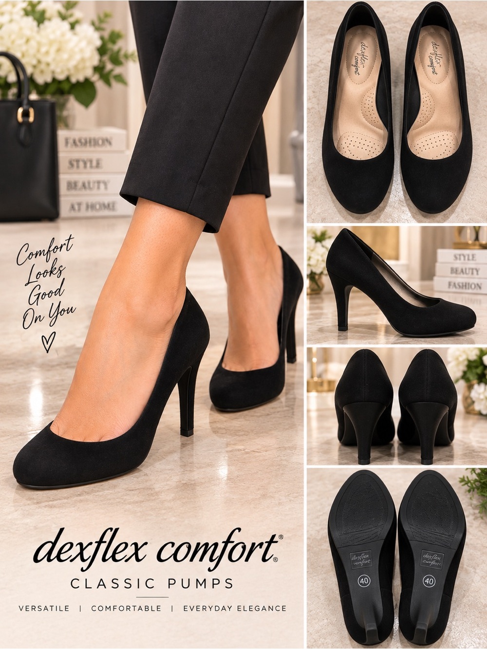 Dexflex Comfort Black Pumps Women’s 7.5 Round Toe High Heel Career Shoes